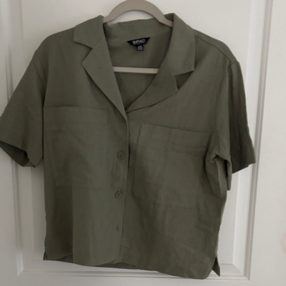 Olive Green Linen Button-Up Shirt NWOT